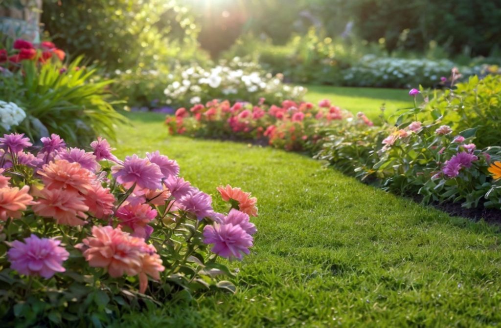 Flowers and grass in a vibrantly colored garden.