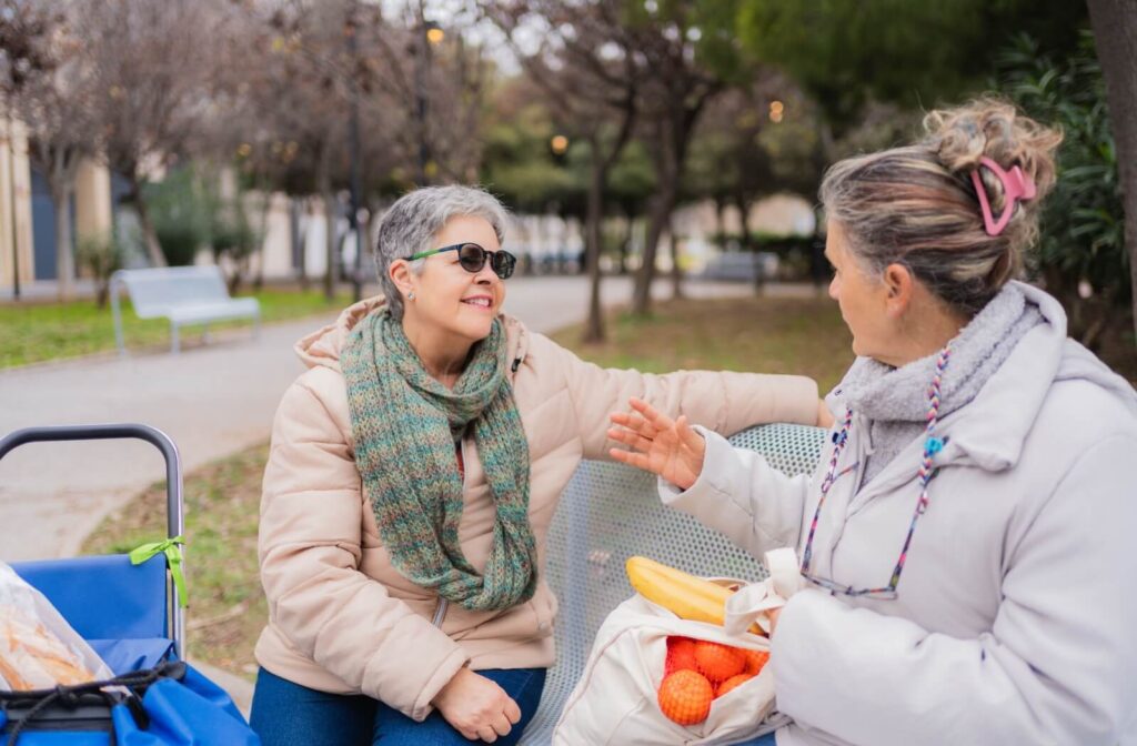 Seniors in the park find it easy to chat where the environment is stimulating.