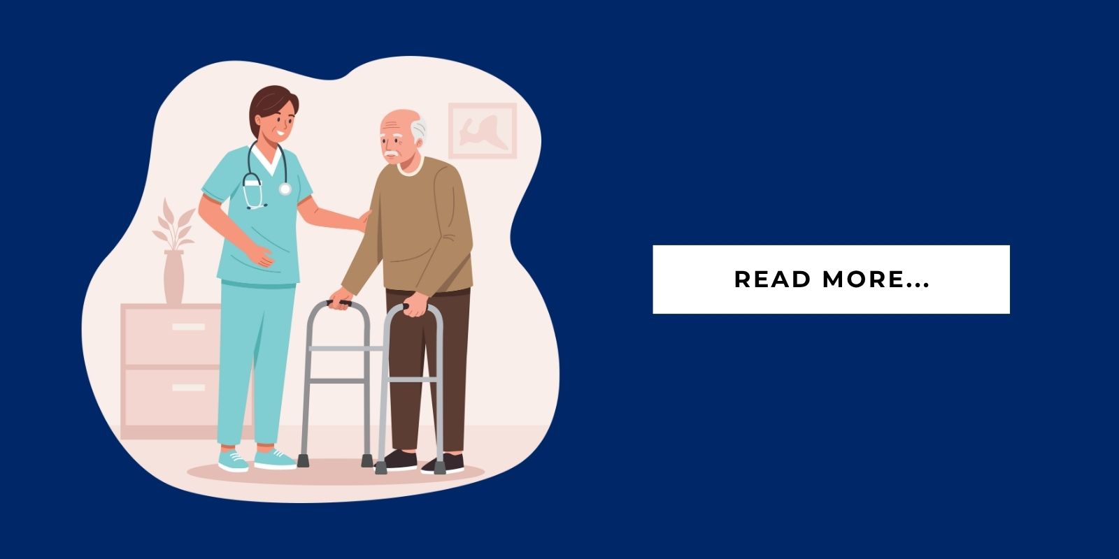 Blog Header Illustration caregiver helping a senior with a walker in respite care and it says 'read more'