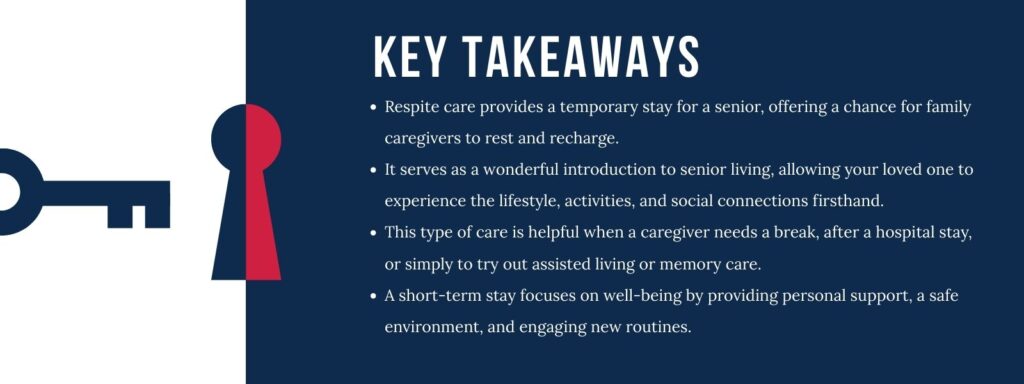 infographic that says 'Key Takeaways
Respite care provides a temporary stay for a senior, offering a chance for family caregivers to rest and recharge.
It serves as a wonderful introduction to senior living, allowing your loved one to experience the lifestyle, activities, and social connections firsthand.
This type of care is helpful when a caregiver needs a break, after a hospital stay, or simply to try out assisted living or memory care.
A short-term stay focuses on well-being by providing personal support, a safe environment, and engaging new routines.'