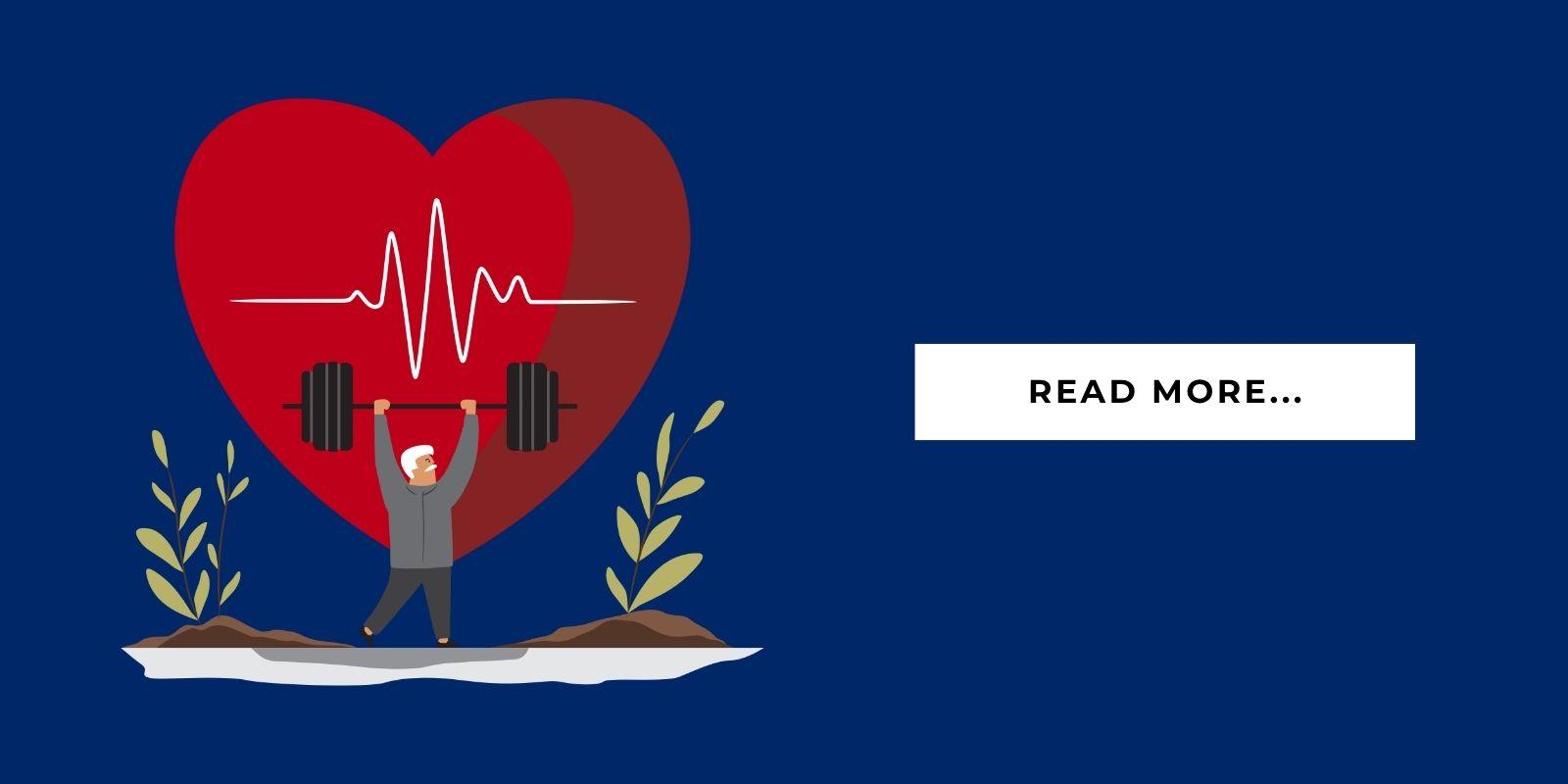 An illustration of a with a senior lifting weight with a heart symbol in the background with a button that says, "Read More..."