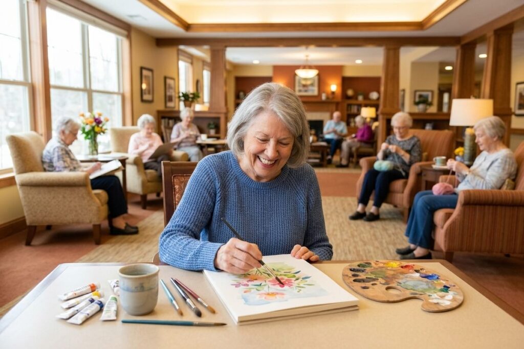 A group of older adults enjoys knitting, painting, and creative hobbies in a bright senior living common area.
