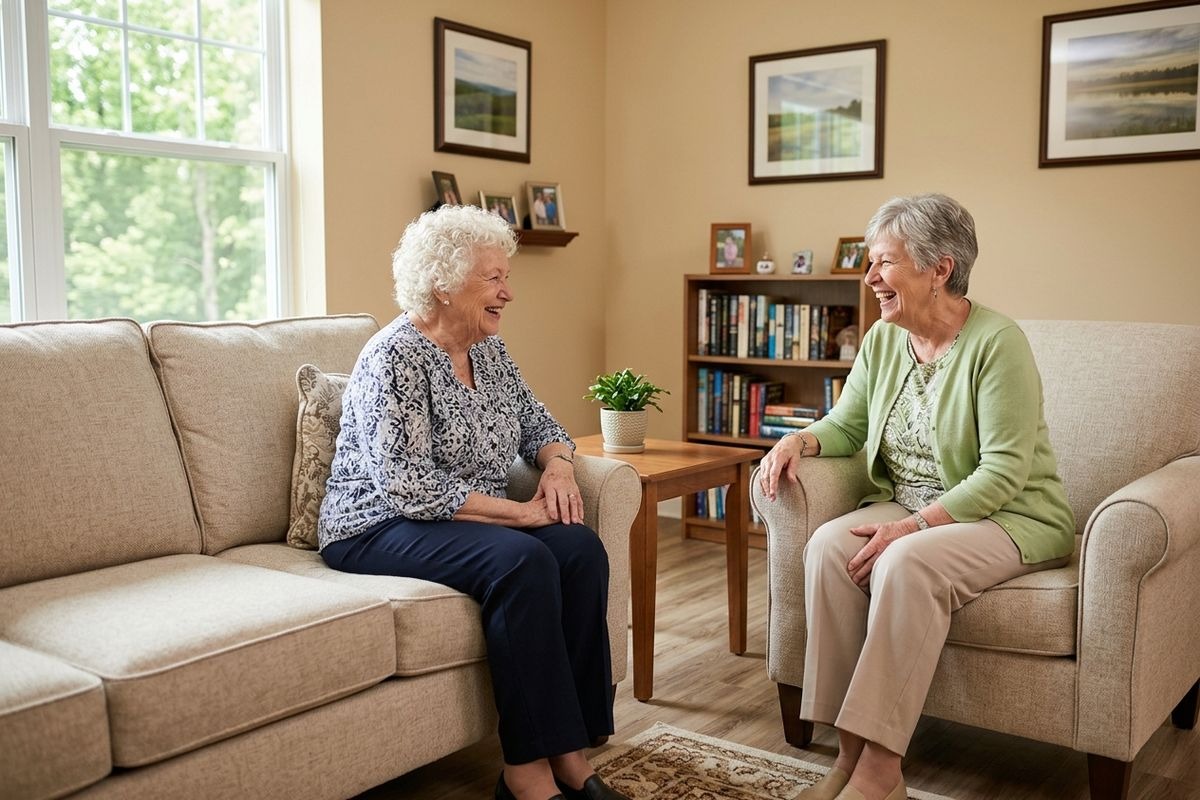 Two seniors sitting across from each other on a couch while smiling and talking