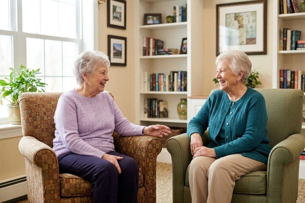 Two seniors sitting across from each other on a chairs while smiling and talking
