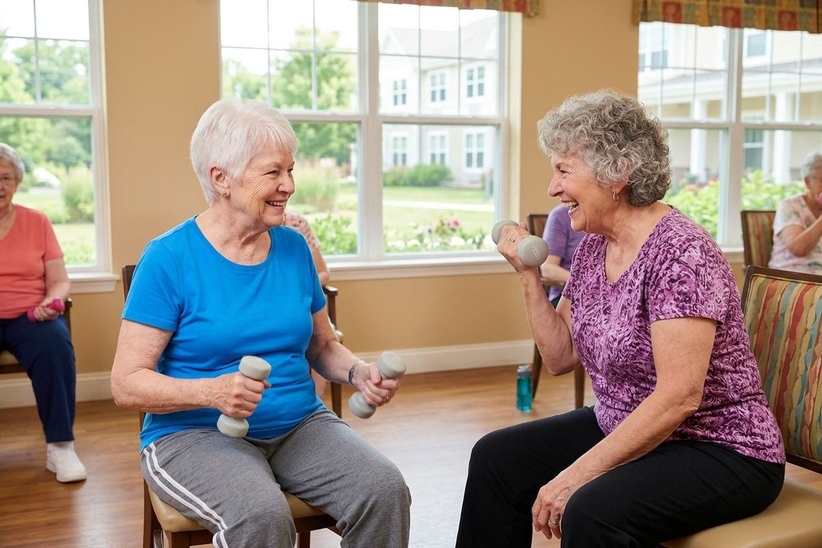 seniors working out together in chair exercises