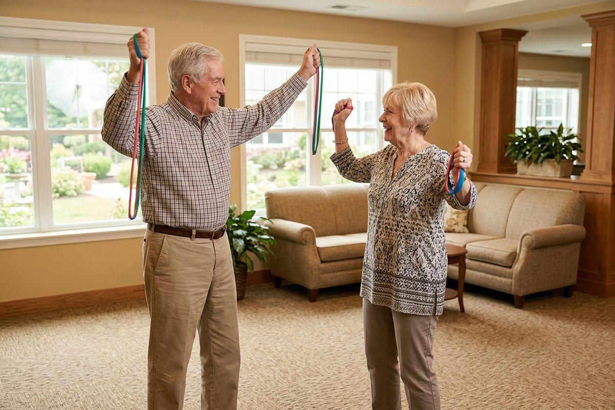 Two seniors smiling and exercising together in a bright, welcoming living room.