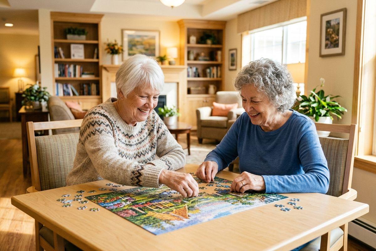 Two happy seniors enjoying quality time together, bonding over a colorful puzzle.