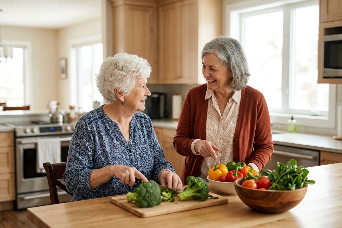 An older adult and senior smiling while standing together and, cutting up vegetables in a senior living community.
