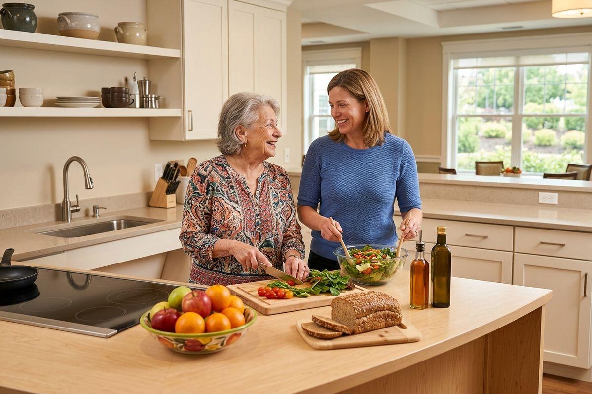 A senior and older adult working together to make a salad in a bowl. Smiling in a warmly lit senior living kitchen.