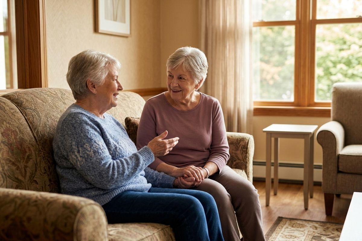 Two friends smile and chat while sitting in a senior living apartment.