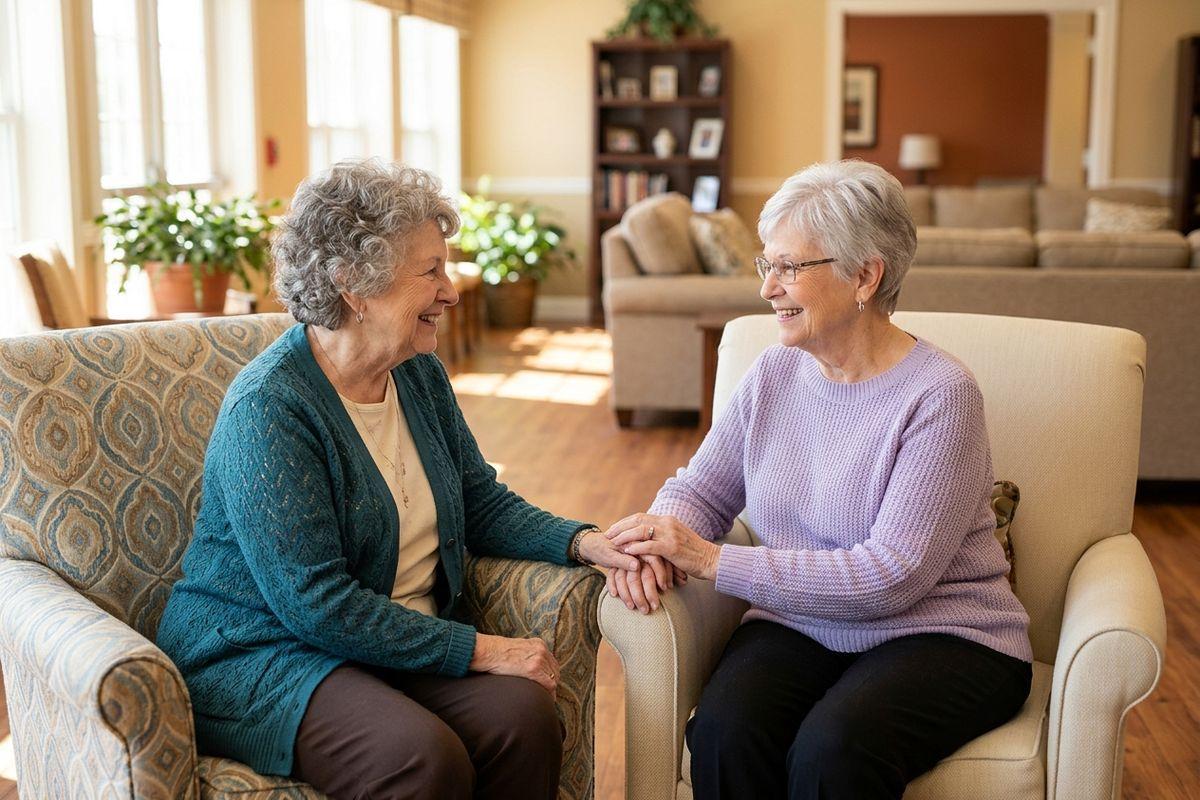 Two friends talk in a sunlit common area in a senior living community.