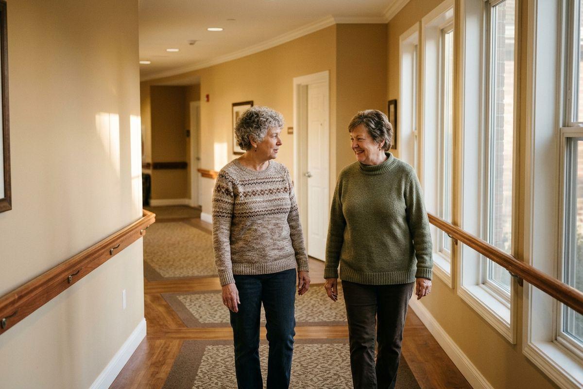 Two seniors in sweaters walk side by side down a sunlit hallway with handrails and windows, smiling at each other.