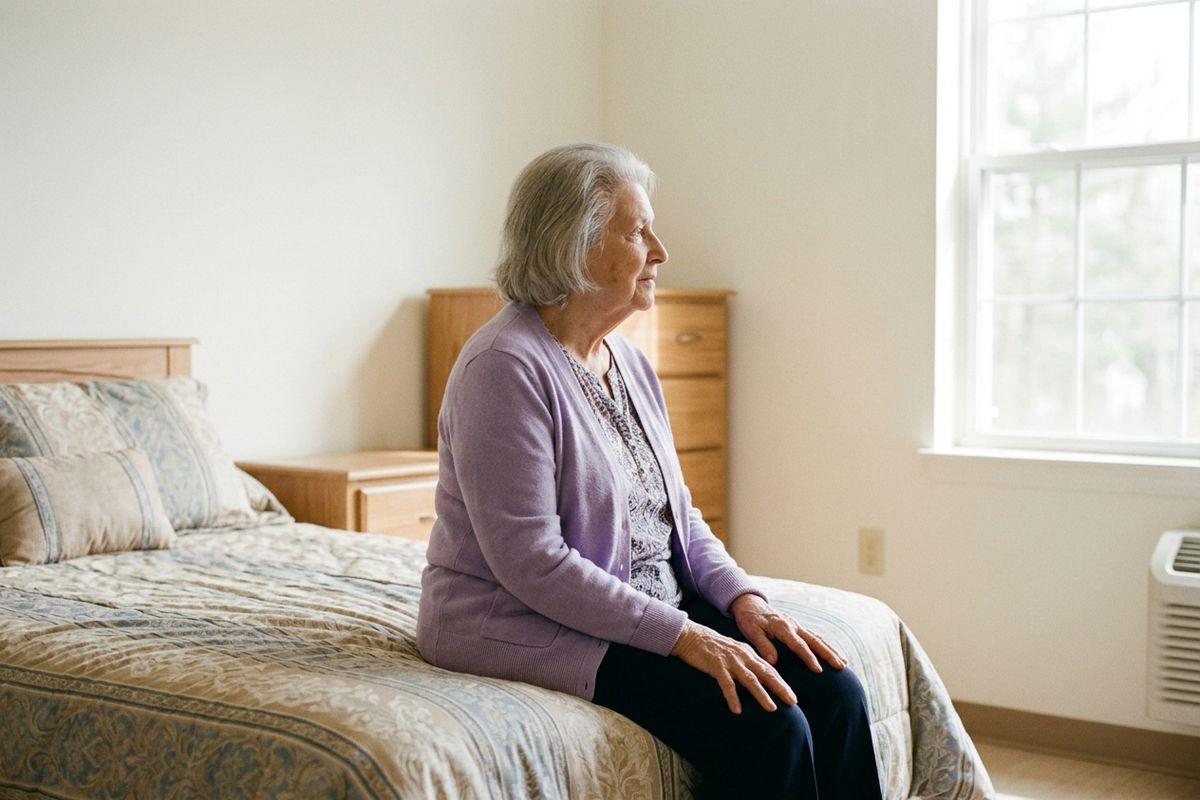 A senior in a lavender cardigan sits on the edge of a bed in a bedroom, looking toward a bright window.