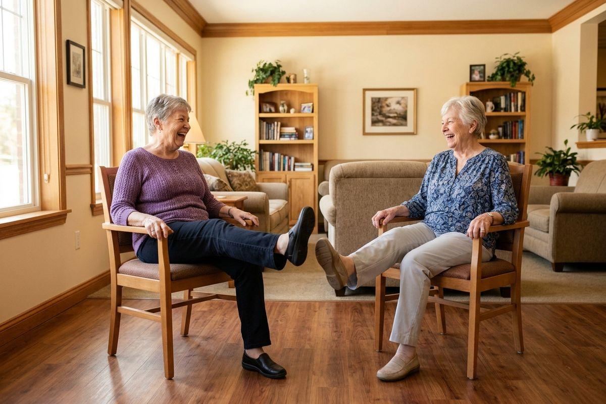 Two seniors sit in wooden chairs facing each other in a living room, laughing while extending one leg in a seated exercise.