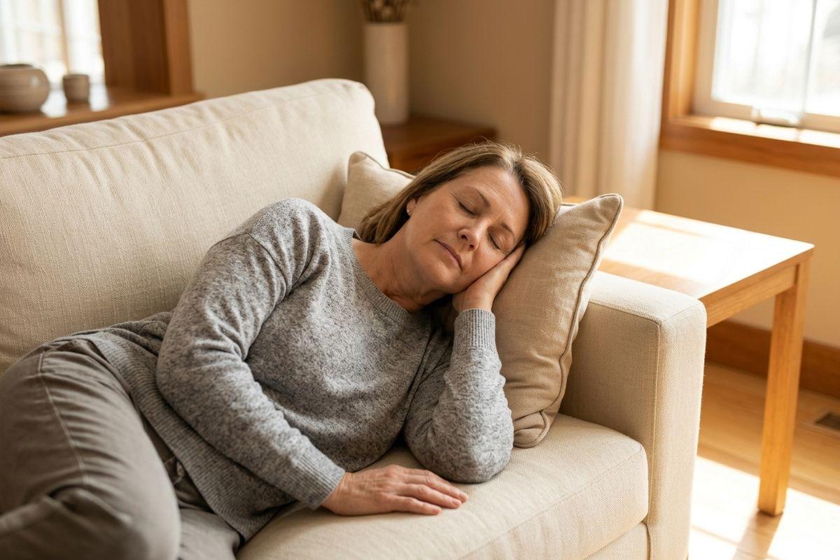 A woman in a grey sweater lies on a beige sofa with eyes closed, head resting on a cushion, in a sunlit living room.