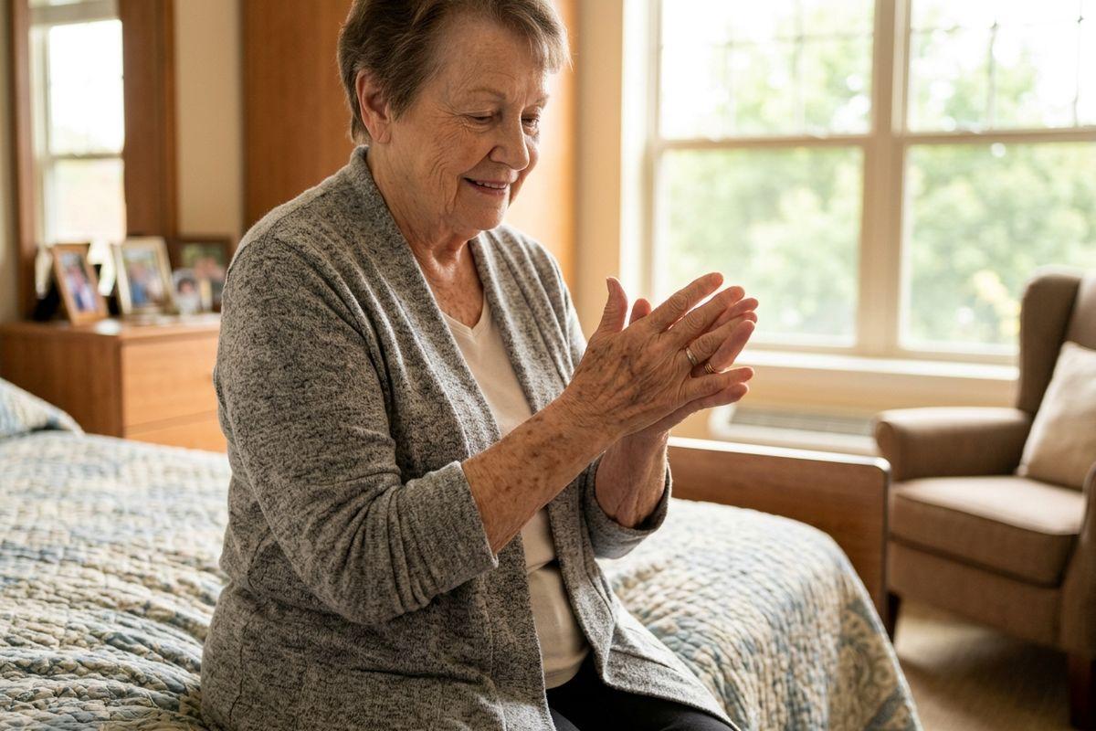 A senior in a grey cardigan sits on a bed at home, rubbing one hand with the other and looking down at them