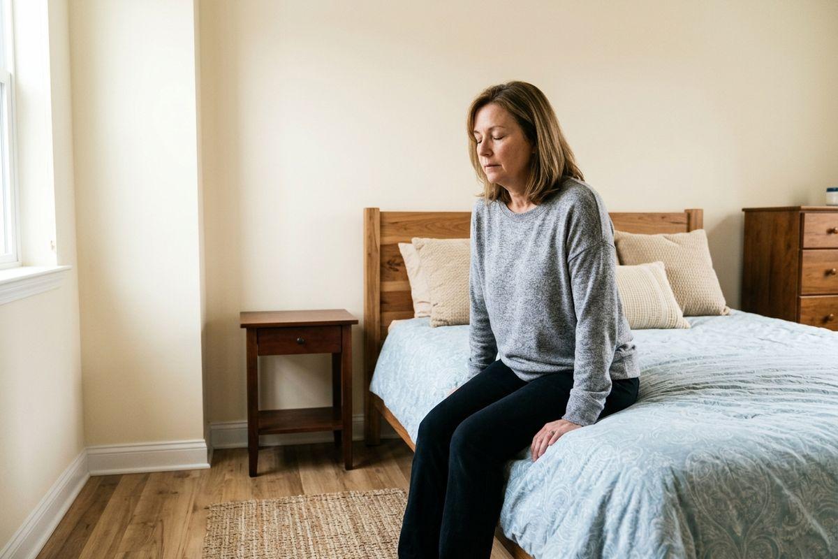A woman sits on the edge of a bed in a bedroom, looking down with a tired expression, wearing a grey sweatshirt and dark pants.