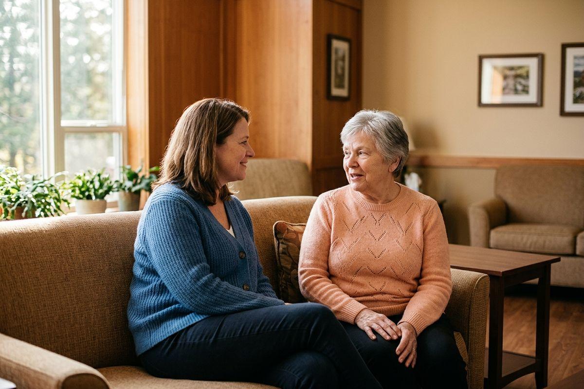 A senior and a younger woman sit side by side on a couch in a sunlit lounge, smiling and talking to each other.